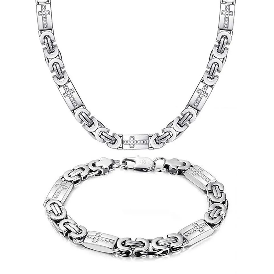 New arrival Silver Cross Necklace Men's 316L Stainless Steel Chain Bracelet Men Jewelry Sets 55cm 60cm 70cmx8mm263H