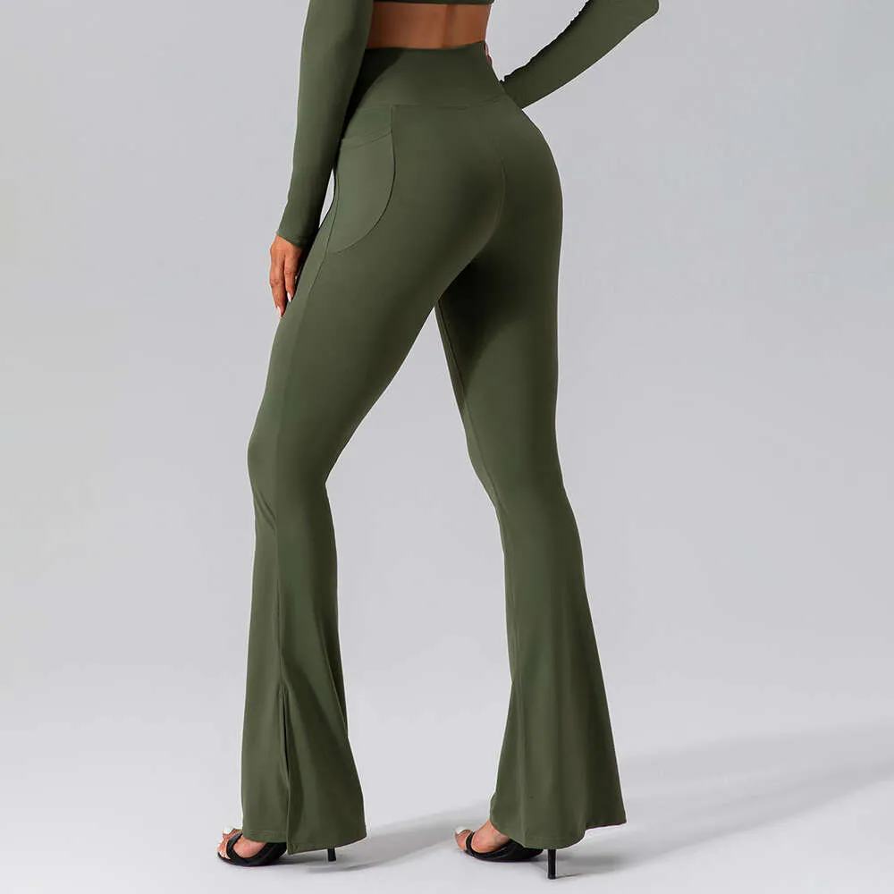 Lu Align Lu Pantalon Leggings Yoga Longue Longueur Taille Croisée Poches De Levage Des Fesses Pantalon De Danse À Cloche Pas De Ligne T Avant Fente Latérale Pantalon Flare Femmes