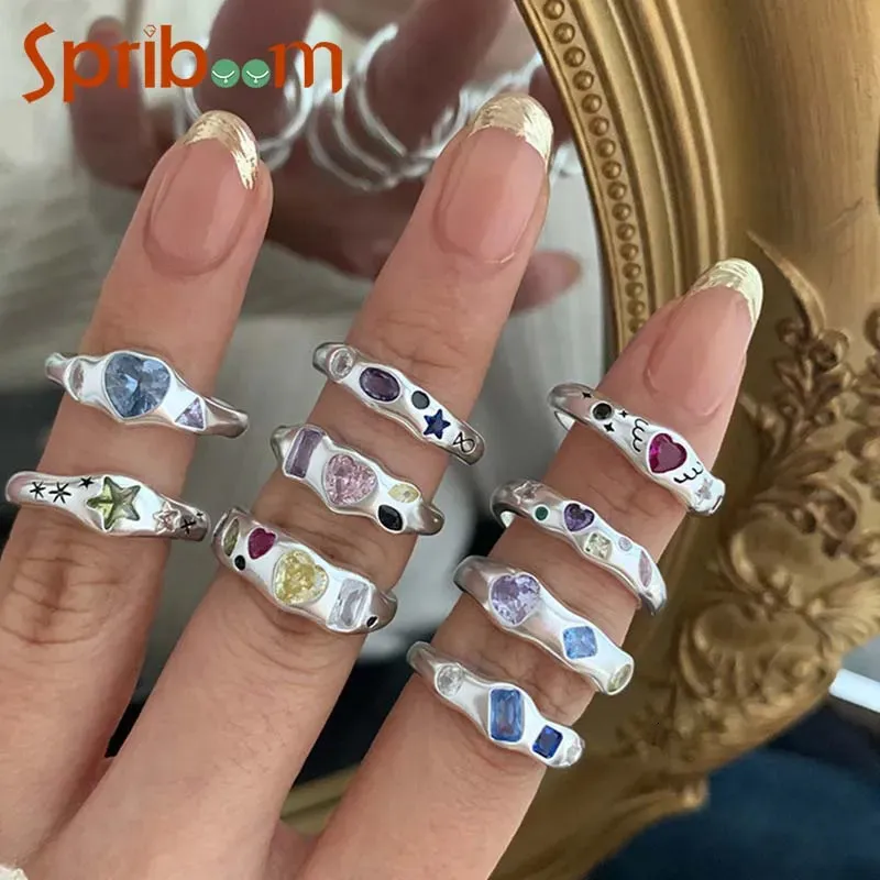 Solitärring Bunte Zirkonringe für Frauen Unregelmäßiges mattes Metall Retro Persönlichkeit Zeigefinger Schmuck Hip Hop Mädchen Accessoires Geschenk 231019