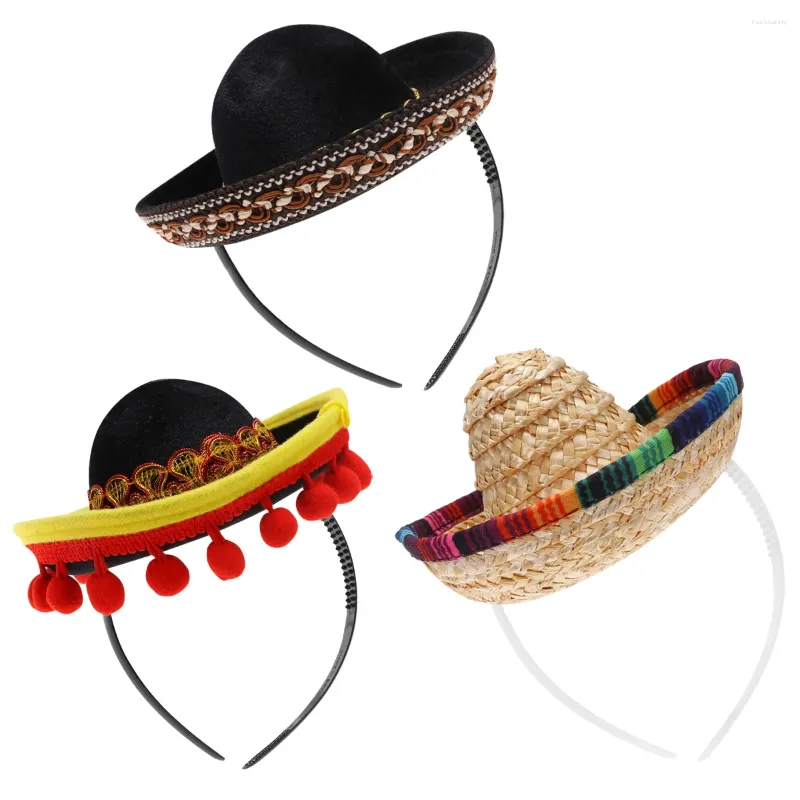 Berets 3 szt. Festykalne słomy kapelusz mexican hats mini włosy opaski do letnich meksyko sombrero folk w stylu sombreros na głowę.