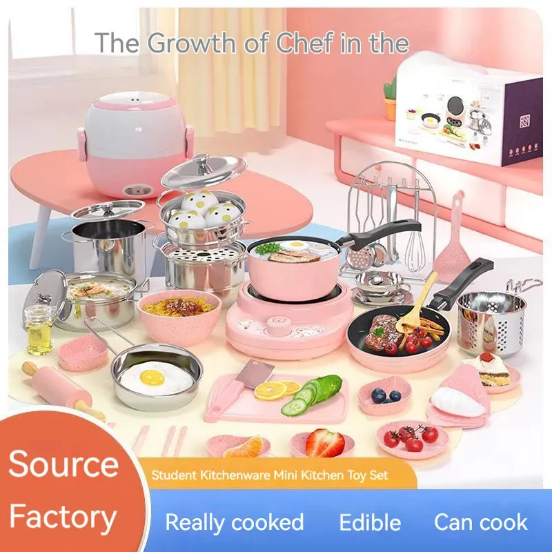 Kitchens Play Food Cartoon Bear Mini Kitchen Complete Cooking Girl Small Kitchen Set Children Puzzle Play House Toys Real Cooking Food Set For Kids 231019