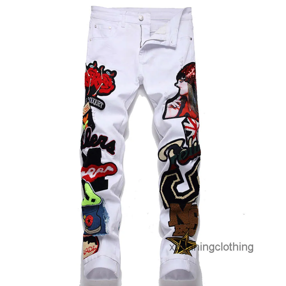 Mens Jeans Denim Straight Pants Japanese Pattern Embroidery