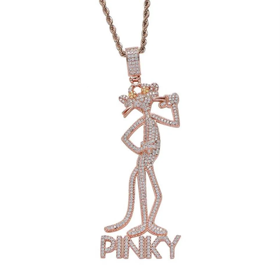 Iced Out Pink Panther and Sons Collar con colgante Micro pavimentado de circón Chapado en oro y plata Bling Hip Hop Jewelry297w