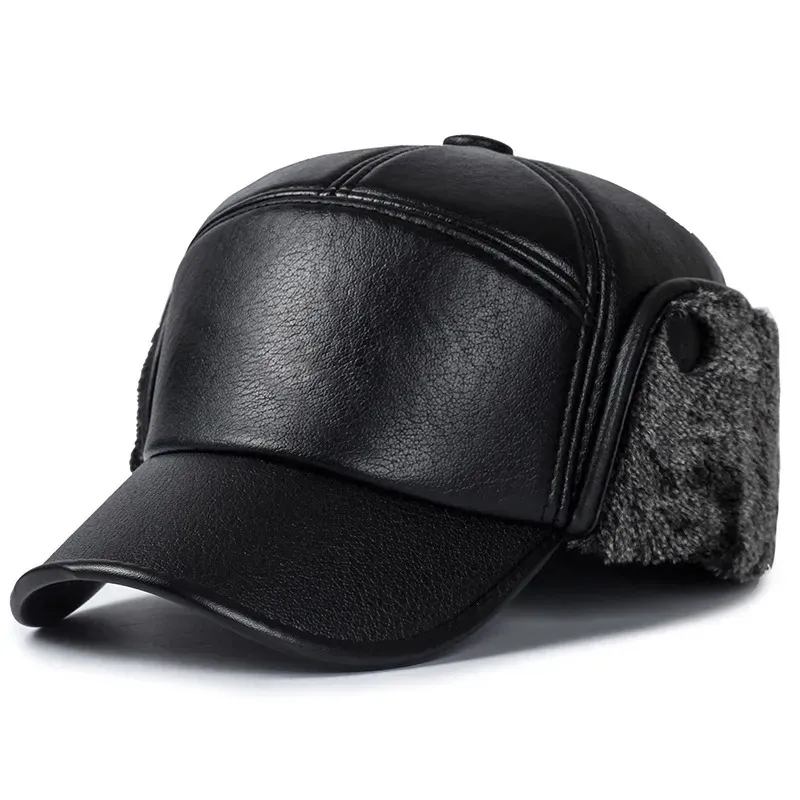 Casquettes de baseball Casquette chaude d'hiver hommes chapeaux de baseball en cuir noir pour femmes Casquette Bones Dad Gorras oreillettes épaissir 231019