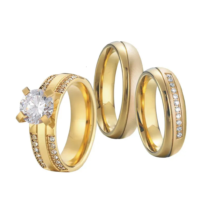 Anelli nuziali di lusso 3 pezzi Anelli nuziali placcati oro 18 carati Set per uomini e donne Love Alliance Anello di fidanzamento con diamanti CZ Matrimonio 231020