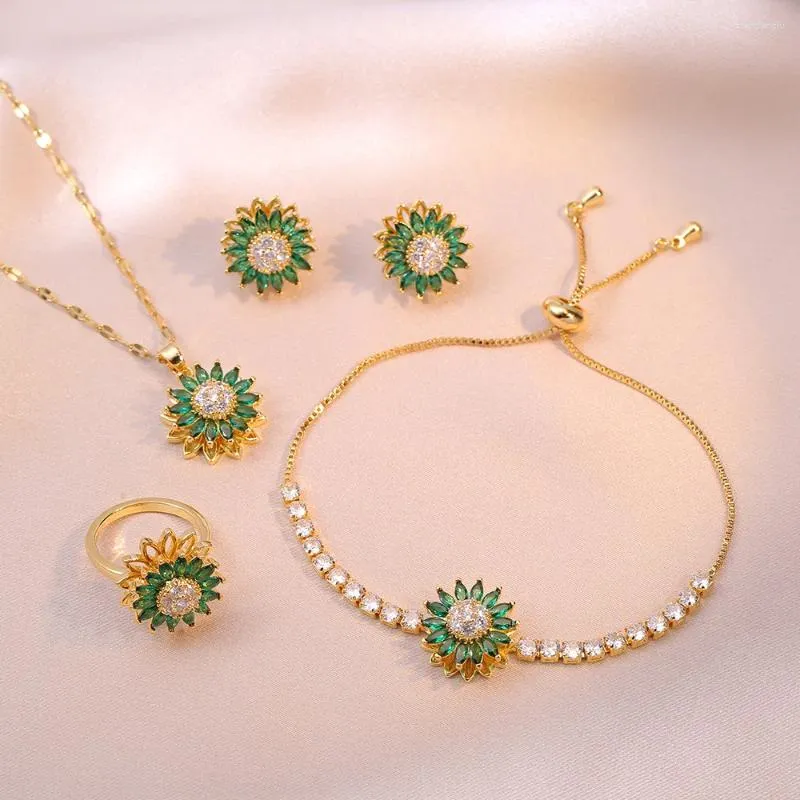 Set di orecchini per collana, 4 pezzi, rotanti, in pietra verde, con anello di girasole, braccialetti per donne, colore oro, zirconi, per feste nuziali