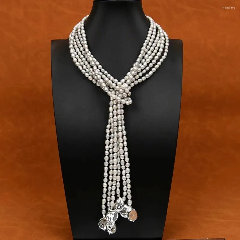 Chains 50'' 3 Rows Cultured Silver Gray Rice Pearl Lariat Long Sweater Chain Necklace Coin Keshi Plated Pendant