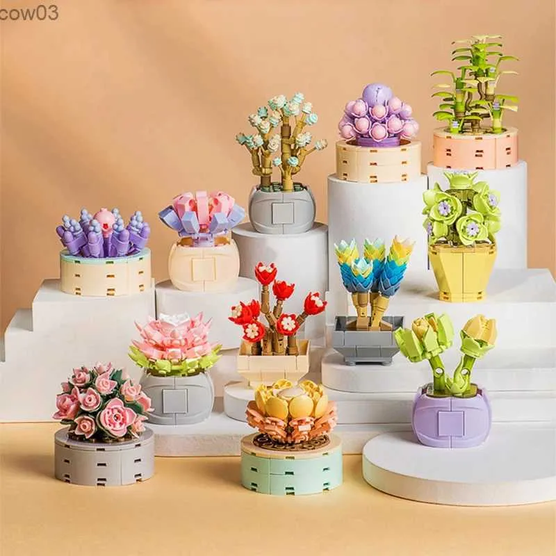 Blocs Blocs de construction 3D modèle succulent décoration de la maison plantes Roses en pot bricolage assemblé blocs de construction jouets filles cadeaux pour enfants R231020