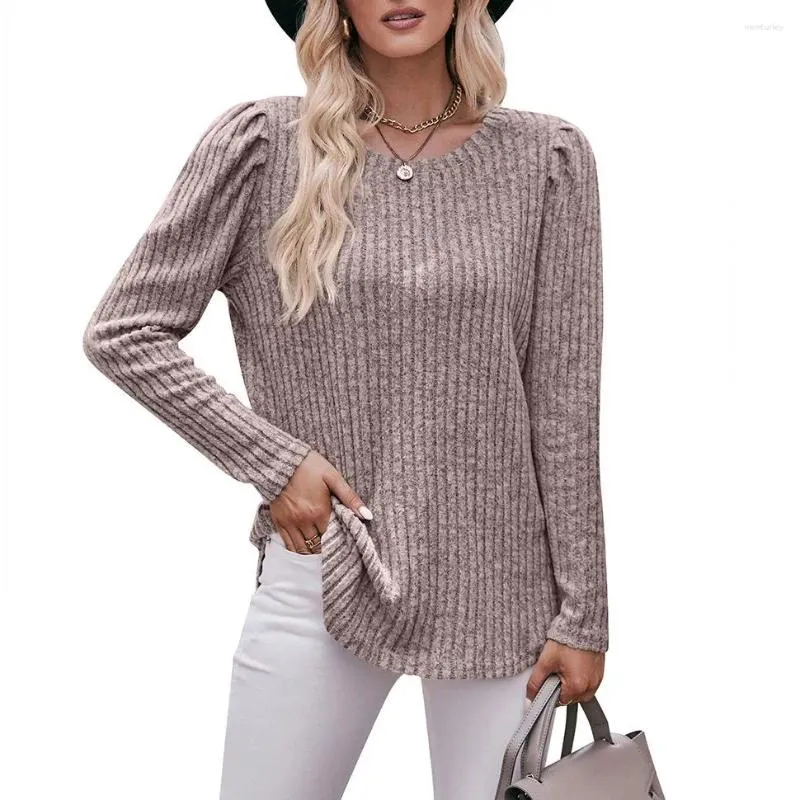 Kvinnors T -skjortor Autumn Winter Women Clothing Casual Round Neck Puff Long Sleeve Loose Shirt Ladies Fashion Ribbed Ribbed Tops