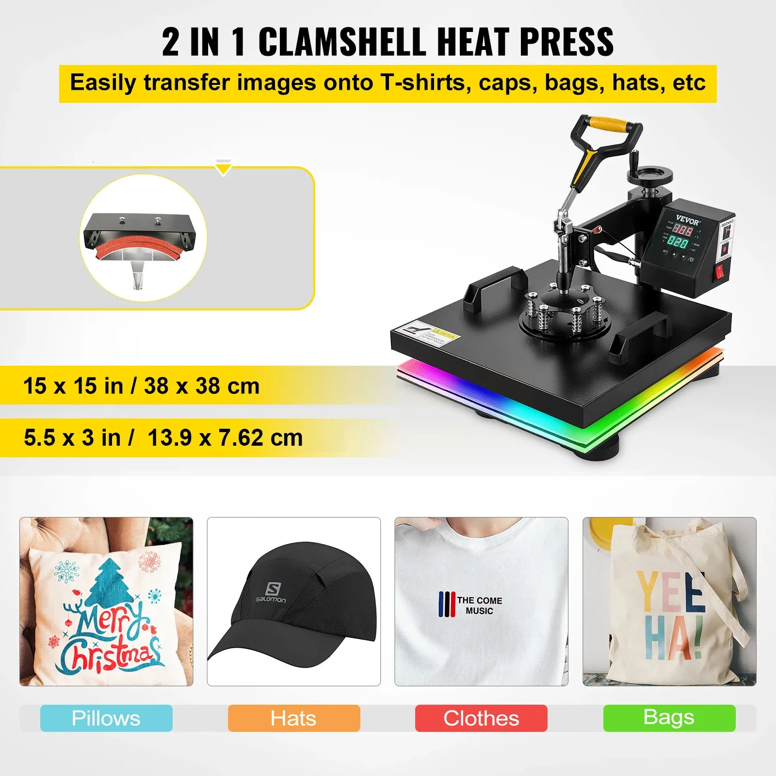 VEVOR 2In1 Machine De Presse À Chaud 38 38CM Multifonctionnel 360 Degrés  Swing Away Imprimante De Sublimation Numérique Transfert DIY T Shirt Cap  231019 Du 226,37 €