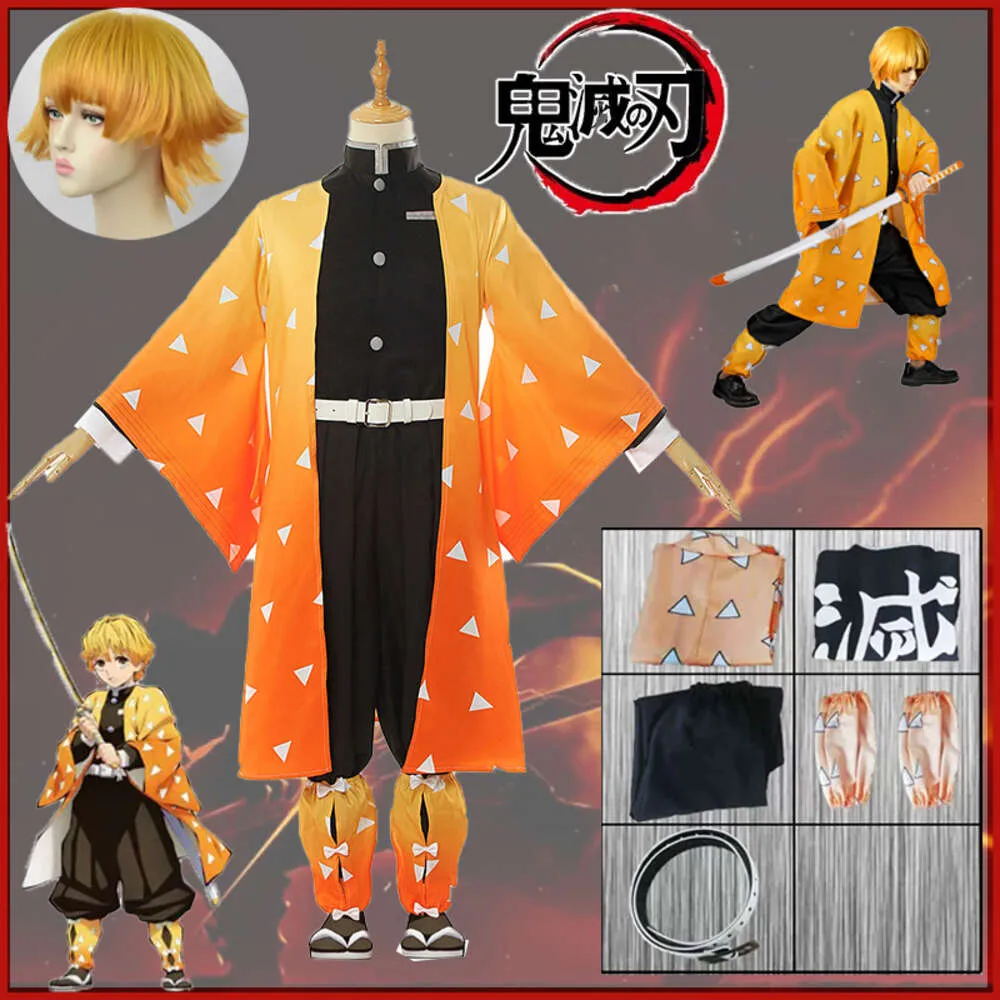 Cosplay Anime Demon Slayer Agatsuma Zenitsu, Costume de Cosplay Kimetsu No Yaiba, uniforme de Kimono, vêtements pour enfants et adultes, fête d'Halloween