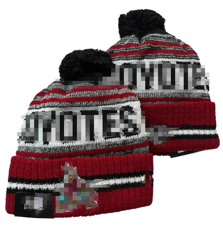 Herr Caps Hockey Ball Hats Coyotes Beanie Alla 32 lag stickade manschetterade Pom Kraken Beanies randiga sidelinjen Warme USA College Sport Stick Hatts Cap för kvinnor