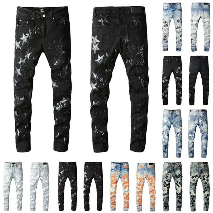 AMI Mens Womens Designers Jeans Angustiado Rasgado Biker Slim Straight Denim para Homens Impressão Exército Moda Mans Skinny Pants246P