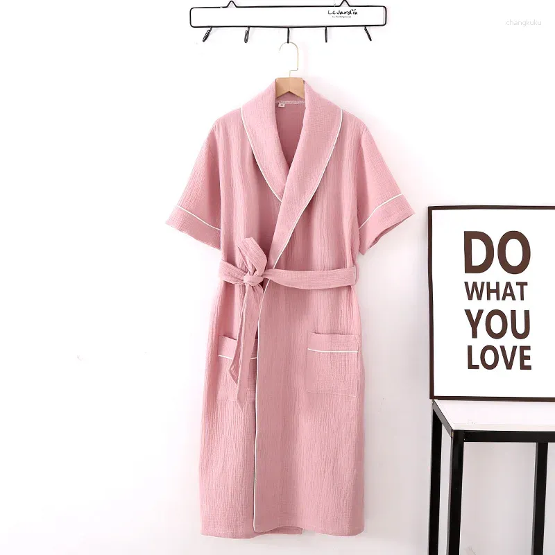 Women's Sleepwear Fashion V-neck Short-sleeved Belt Pocket Cotton Gauze Couple Robe Blue Black Pink White House Robes Loose Thin Bathrobe