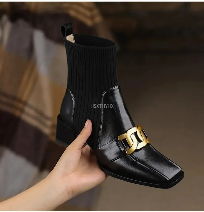 Boots Women Sock Stitching Square Toe Low Heel Ladies Ankle Solid Color Sewing Office Lady Shoes Fashion Winter y231019