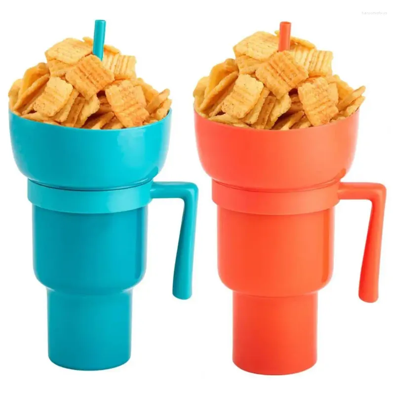 Gobelets Popcorn Tasse d'eau 2-en-1 Snack Boisson Gobelet de stade étanche avec bol de paille réutilisable pour le cinéma