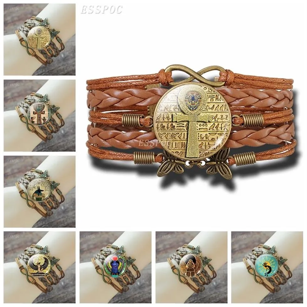 2021 tennis Egyptian Bracelet Vintage Ancient Egypt Anubis Scarab Goddess Retro Brown Multilayer Leather for Men Women266t