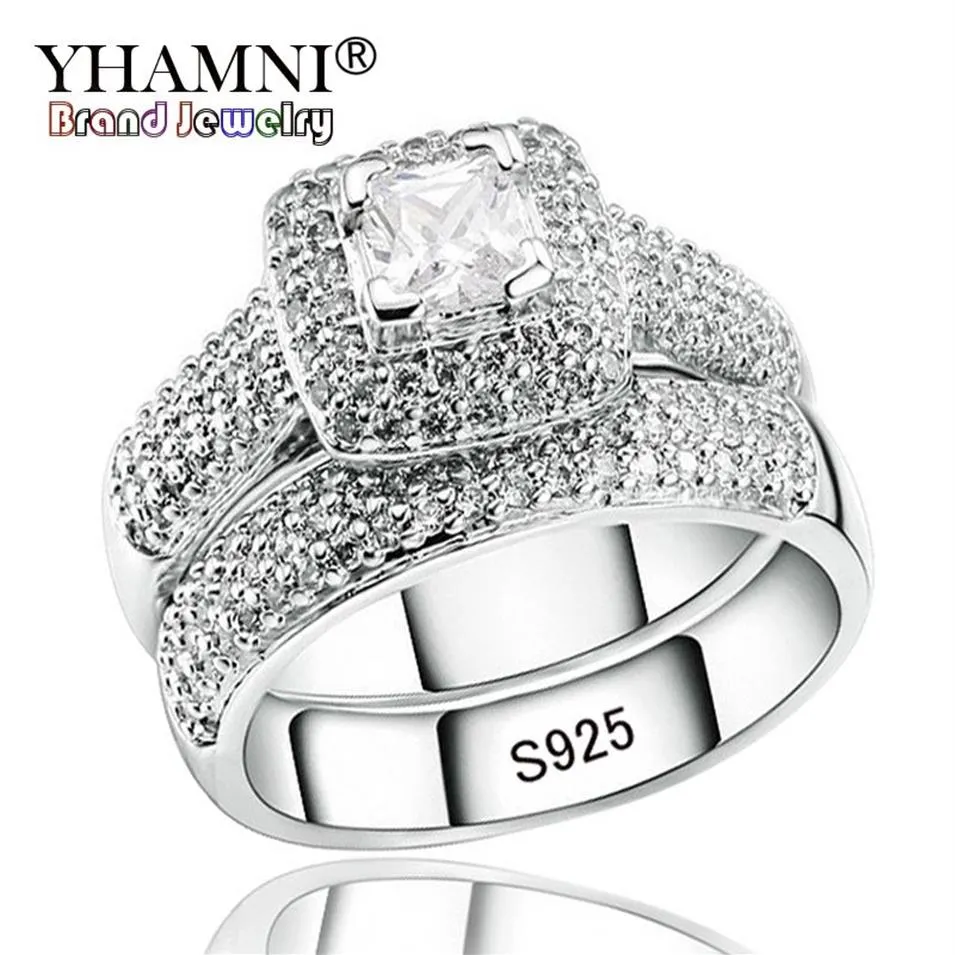 YHAMNI Luxury Engagement Double Rings Set Original Real 925 Solid Silver White CZ Zircon Ring Set Wedding Fine jewelry R149223D