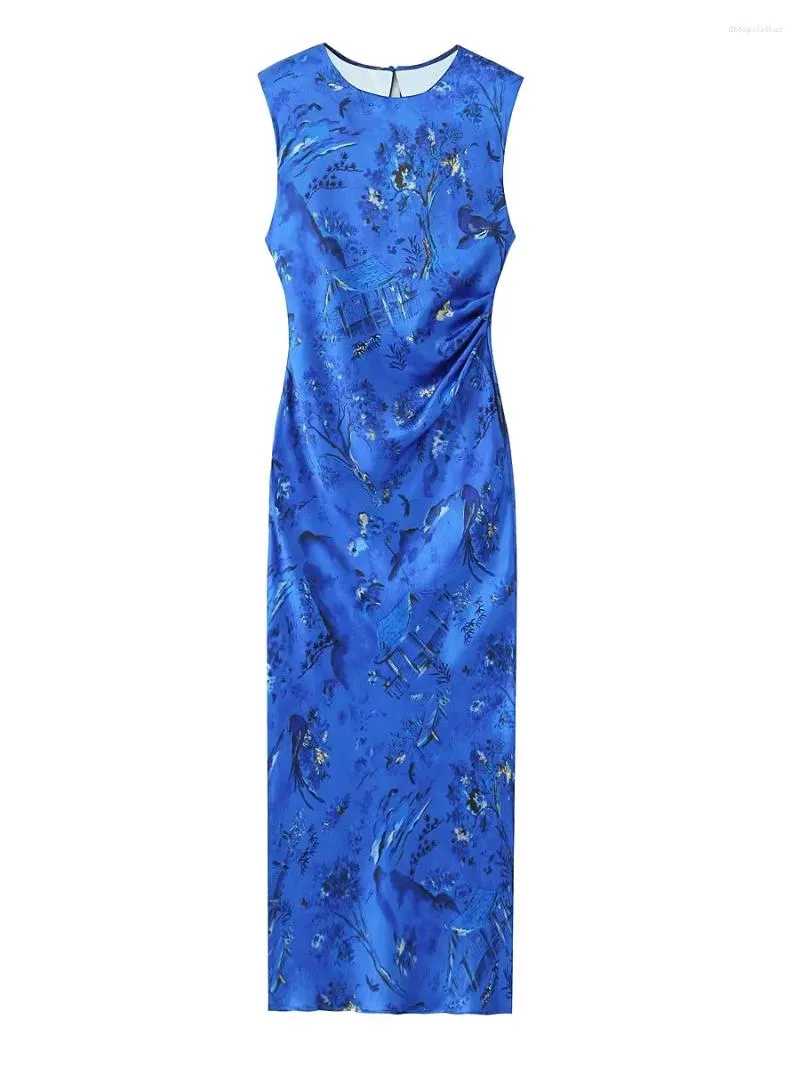 カジュアルドレス印刷されたエレガントな女性ミッドドレス2023夏の丸い首のノースリーブプリーツ女性のためのスリムベストヴィンテージベスティド
