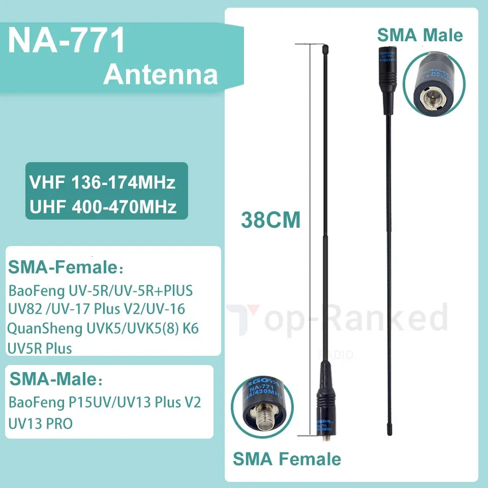 Walkie Talkie Nagoya NA 771 Banda dupla de antena VHF UHF SMA Male para UV 5r UV 82 bf 888S DM 1701 UVK5 K6 UVK5 8 Long 38cm UV 16 231019