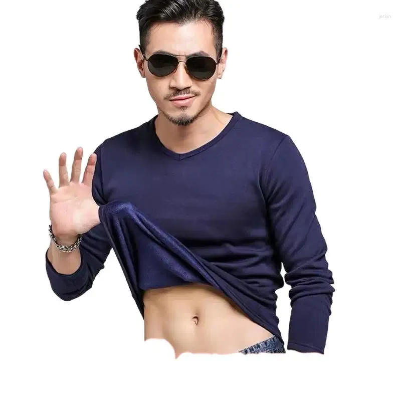 T-shirt da uomo Autunno Manica lunga Addensare Uomini di cotone Vestiti termici caldi 2023 Scollo a V Slim Fit Tutte le partite T-shirt Plus Size M-8XL