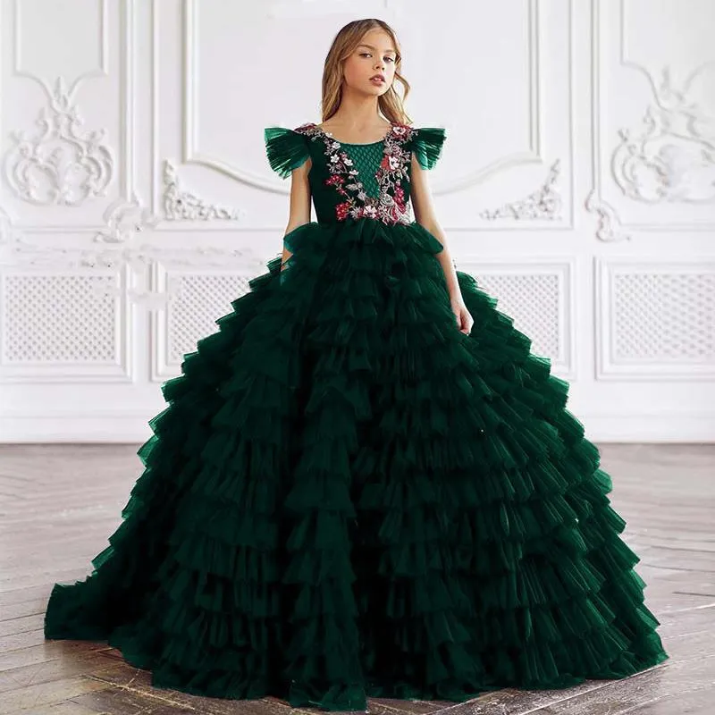 Luxurious greenTutu Flower Girl Dresses Lace Beaded Tiers Tulle ball gown Lilttle Kids Pageant Wed Gowns Kids Teens Pageant Gowns Birthday Party Dress Cooktail Gown