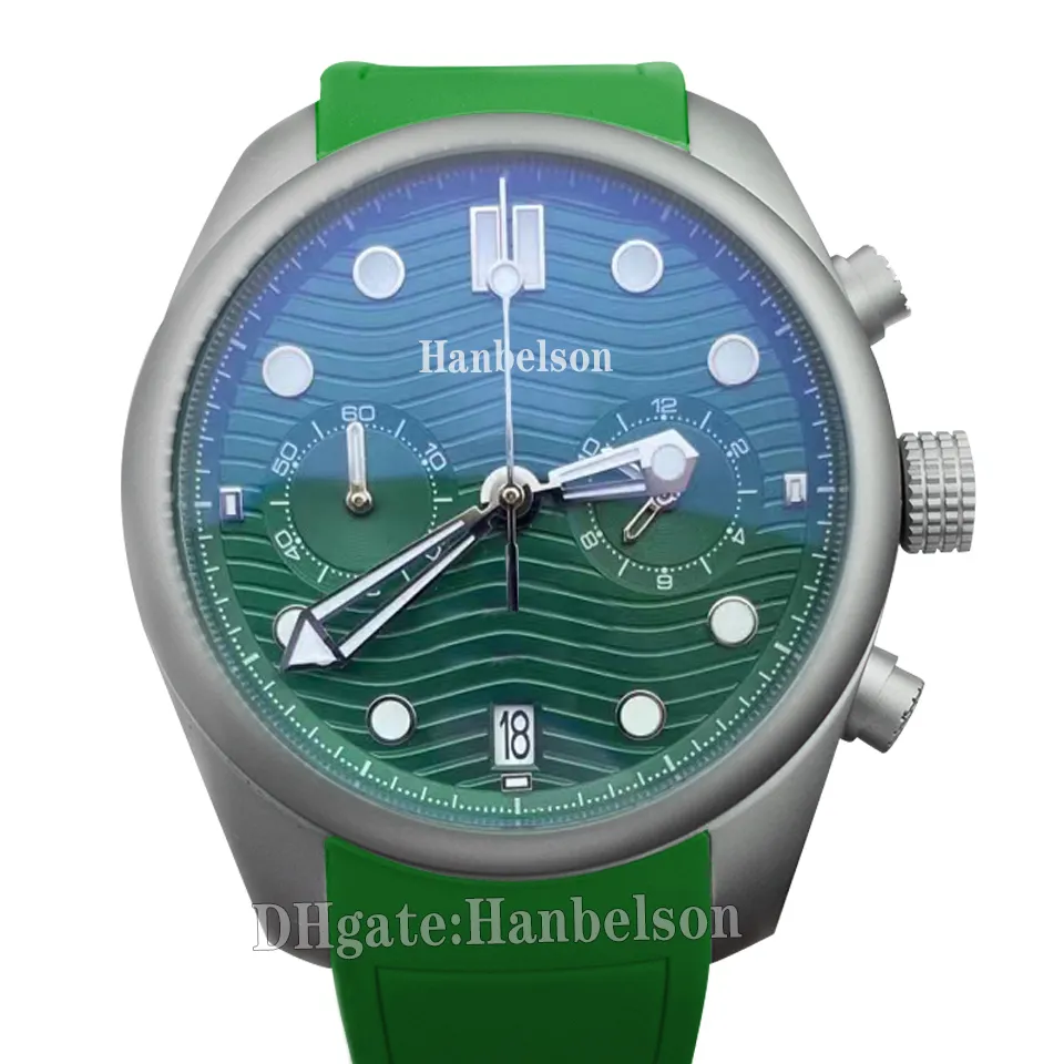 MENS Titta på Green Face Chronograph Quartz Movement Ceramic Bezel Sports Rubber Strap Clock 42mm Arm Wristwatch
