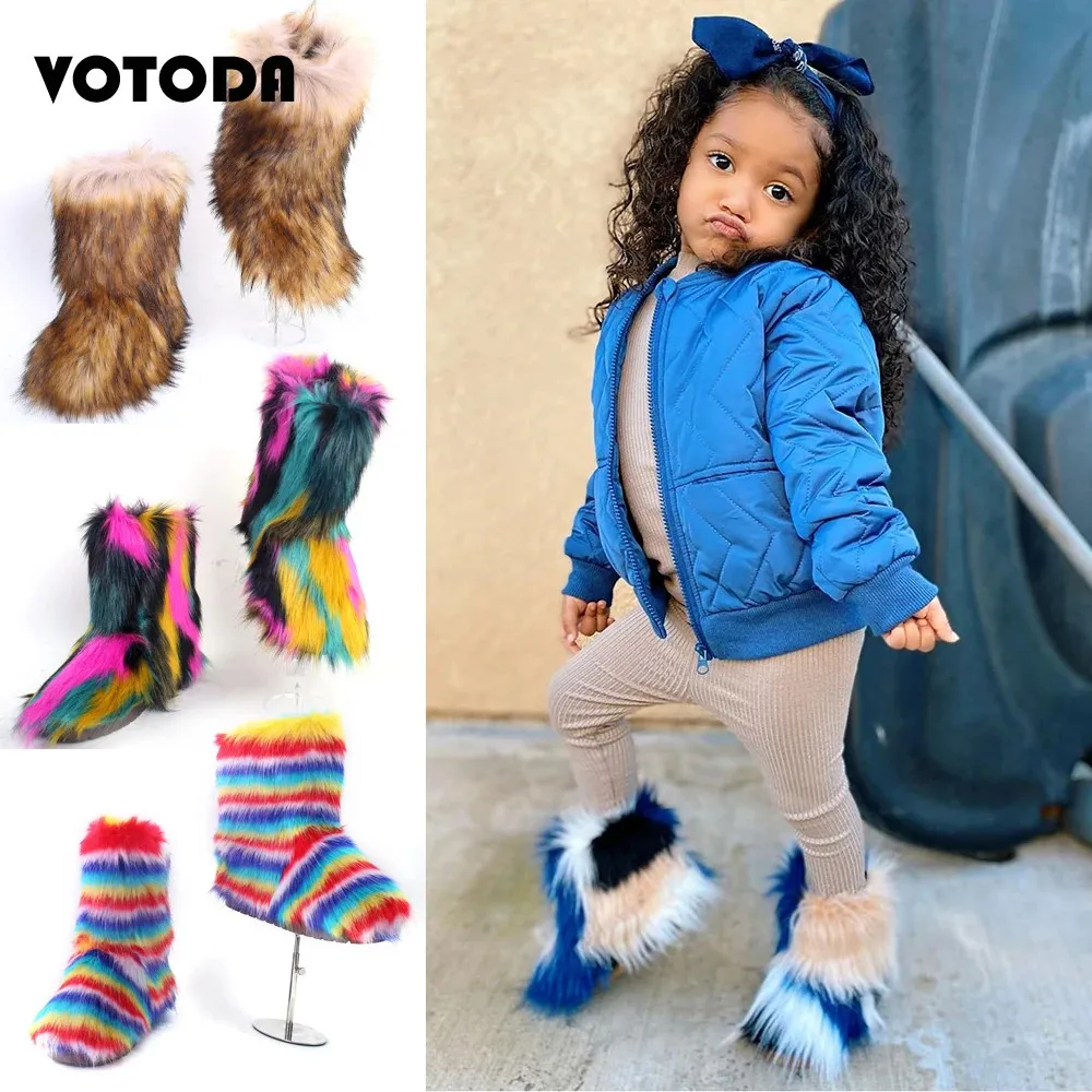 Winter Kinder Warme Schneestiefel Puffy Kunstpelz Stiefel Kinder Pelz Regenbogen Schuh Gummi Flache Rutschfeste Slipon Stiefel Luxus Pelz Schuhe 231019