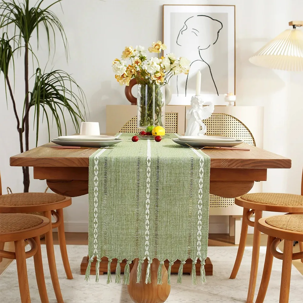 Corredor de mesa Corredor de mesa de linho rústico com borla artesanal bordado com bainha estilo fazenda corredores para festa e sala de jantar 231019