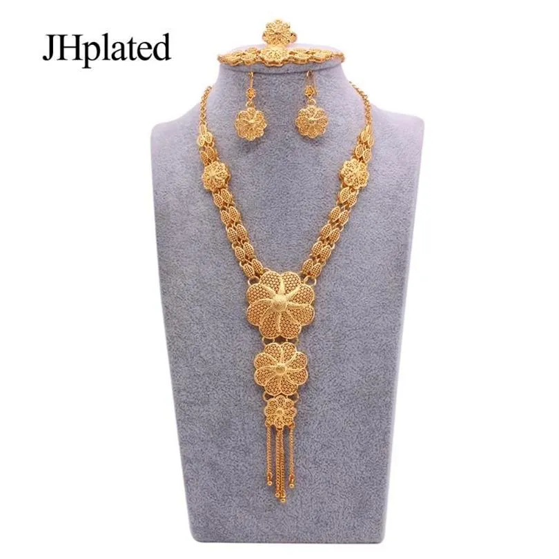 Conjuntos de joyería nupcial chapados en oro de 24K hawaiano de Dubái, collar, pendientes, pulsera, anillos, regalos, conjunto de joyería de boda para mujer 240u