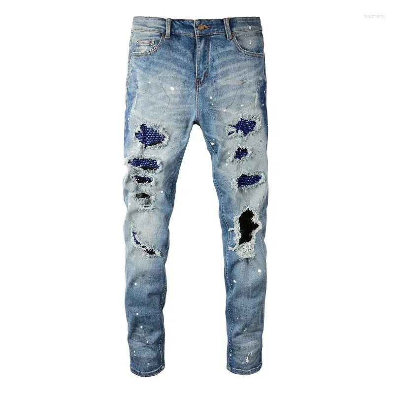 Jeans da uomo EU Drip Blue Baffi invecchiati Toppe con strass Fori danneggiati italiani Slim Fit elasticizzato strappato