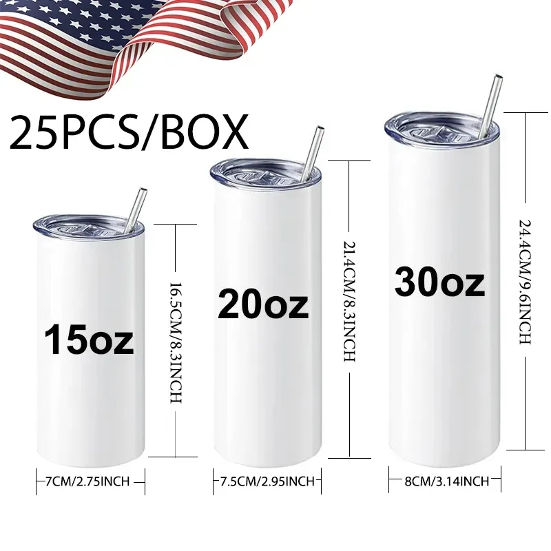 CA/US Stock 25st/Carton 25oz White Blanks Sublimering Tumblers Straight Slim Thermos Water Flaskor Rostfritt stål Isolerade bilmuggar