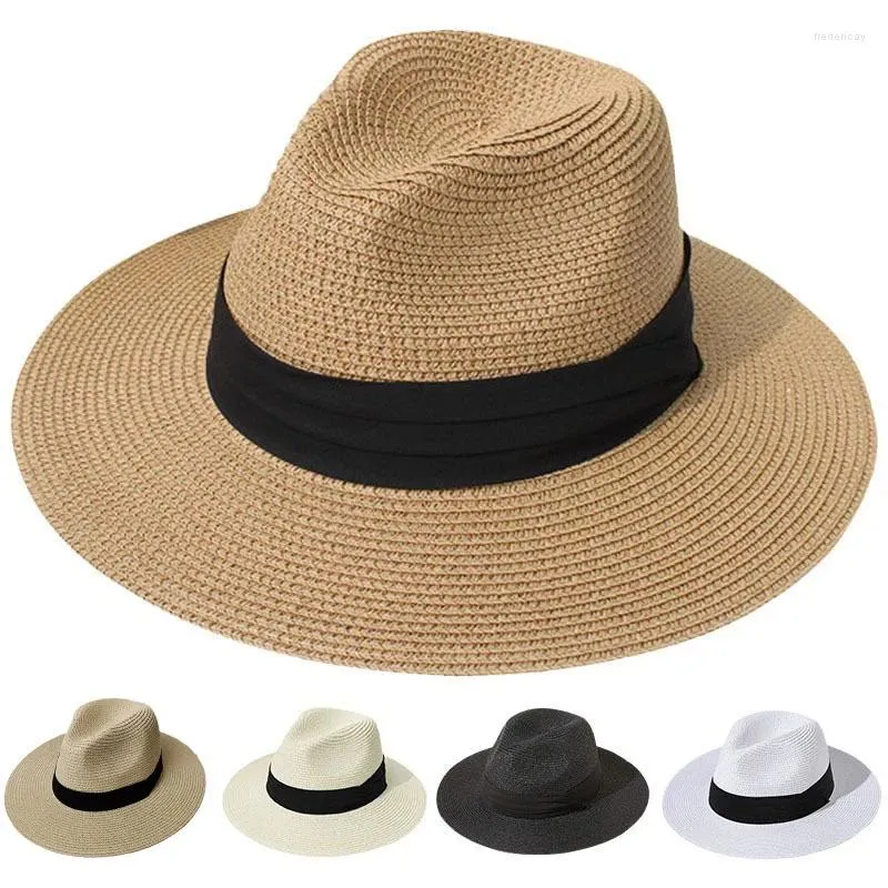 Berretti 57-62cm Unisex Donna Uomo Berretti di paglia Estate Casual Panama Jazz Cappello Lady Beach Cappelli da sole Protezione UV esterna Berretto Fedora a tesa larga