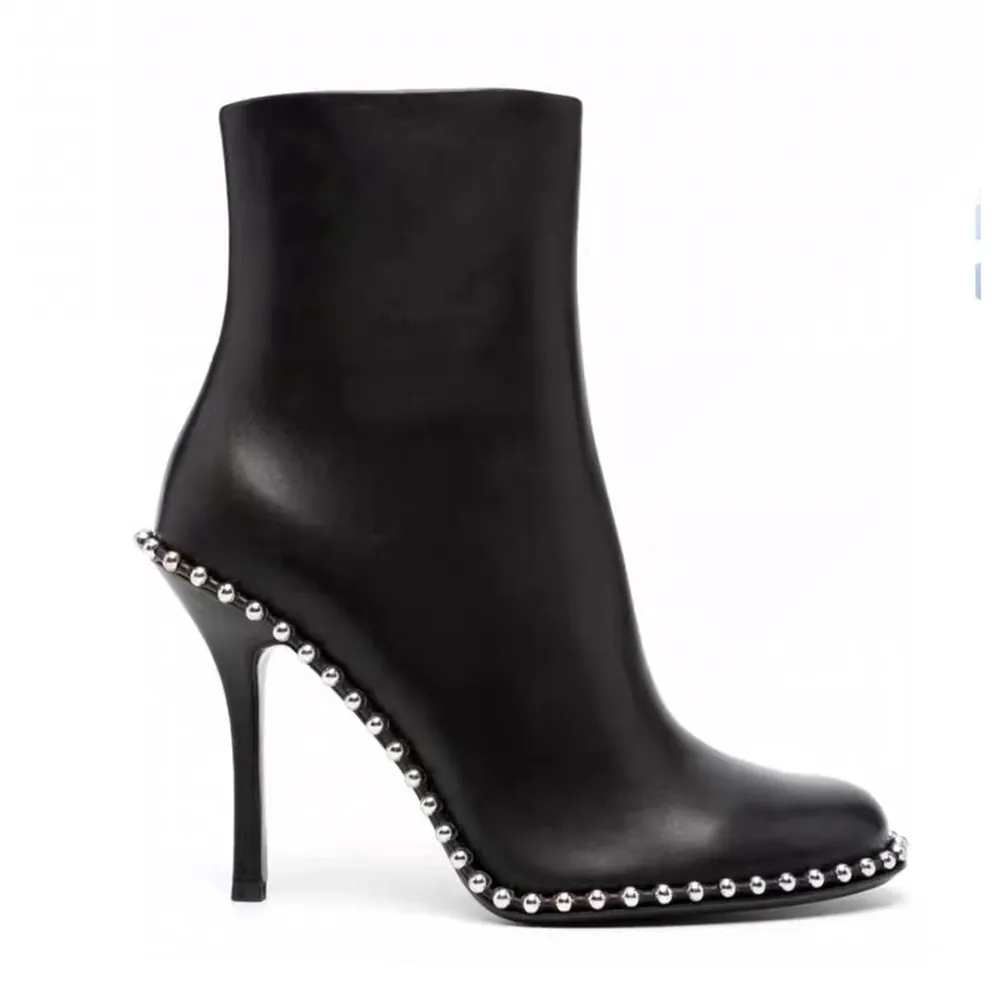 Stud-embellished Booties Calf Leather Crystal Chain Decoration Ankle Boots High Stiletto Heels Round Toe Zip Fashion Boot Women Designers