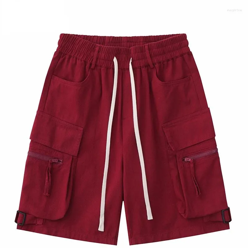 Shorts masculinos homens streetwear baggy carga multi bolsos zíper faixa corredores 2023 hip hop harajuku calças de suor vermelho preto branco