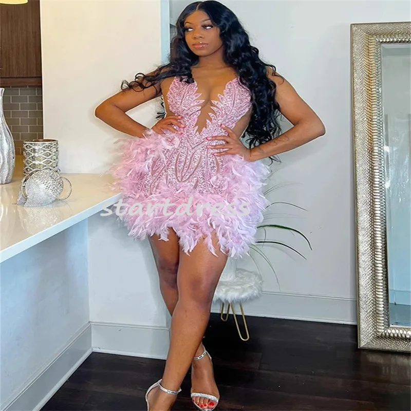 Gorgeous Baddie Pink Prom Dress With Feather Luxury Black Women Latino Dance Evening Dress 2024 Diamond Cocktail Homecoming Party Dress Ogstuff Formal Occasion