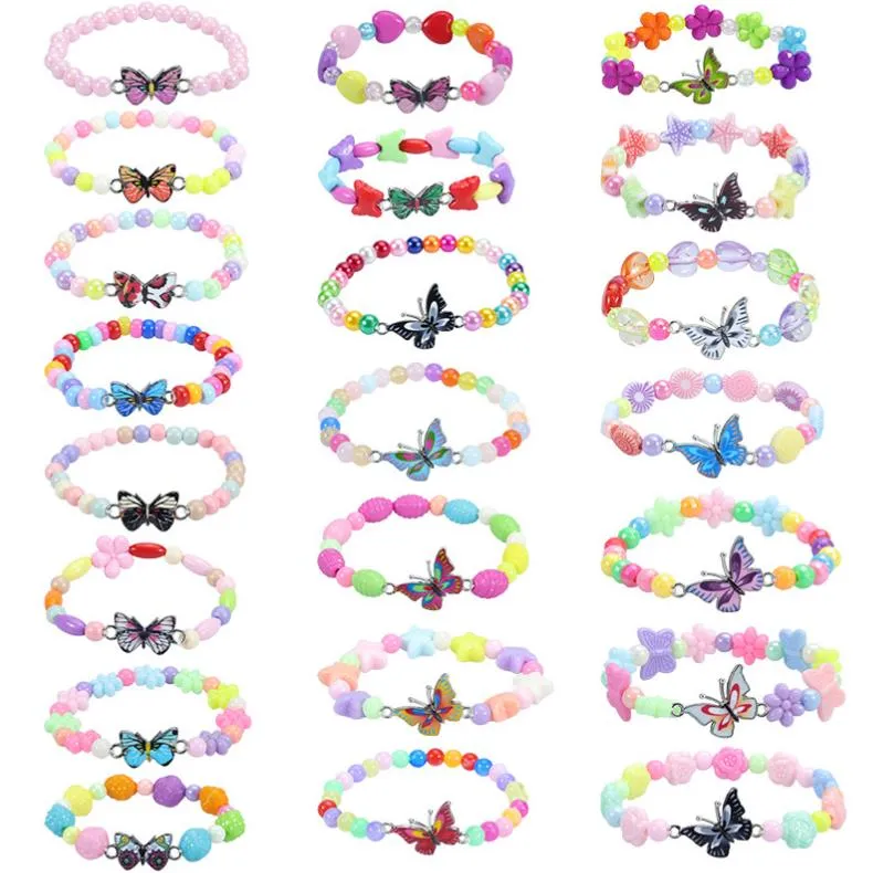 Bracelet de perles papillon pour fille, bijoux d'amitié, cadeau de fête pour enfants, réglable, porte-bonheur coloré
