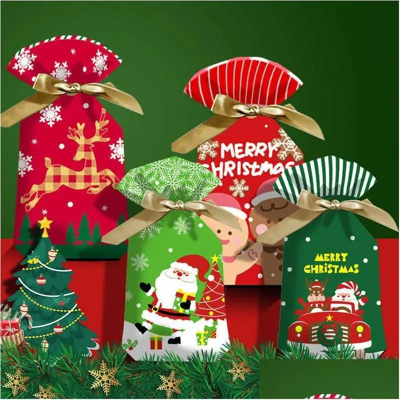 Noel Süslemeleri 10 PCS Karikatür Noel Şeker Hediye Çantaları Çocuk Kurabiye Tatlı Plastik Dstring Çanta Ev Yılı Partisi 2023 Damla Teslim Dh8HP