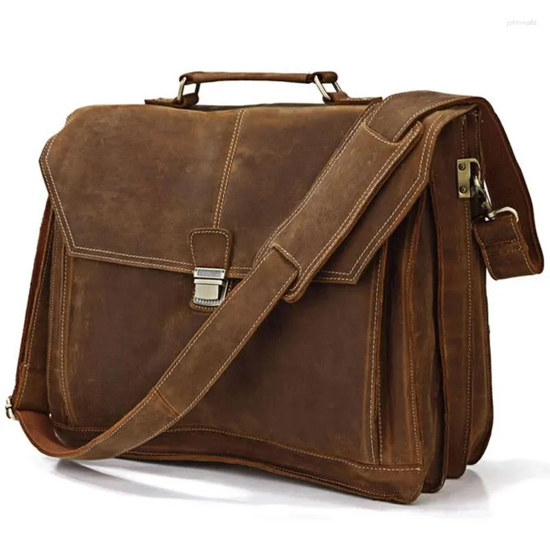 Porte-documents Vintage Crazy Horse en cuir véritable hommes porte-documents grand sac d'affaires bureau 15 "ordinateur portable fourre-tout portefeuille d'épaule