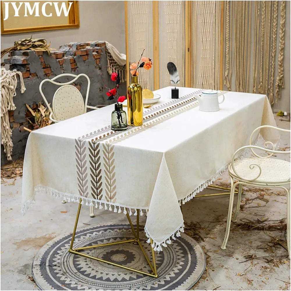 테이블 천 식탁보 방수 수 놓은 자수 잎 식탁보 프린지 주방 식당 휴일 주름 무료 테이블 커버 231020
