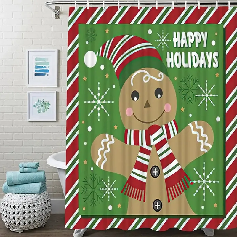 Christmas Gingerbread Man Shower Curtain Waterproof Xmas Theme Bathroom Polyester Fabric Bathroom Decor