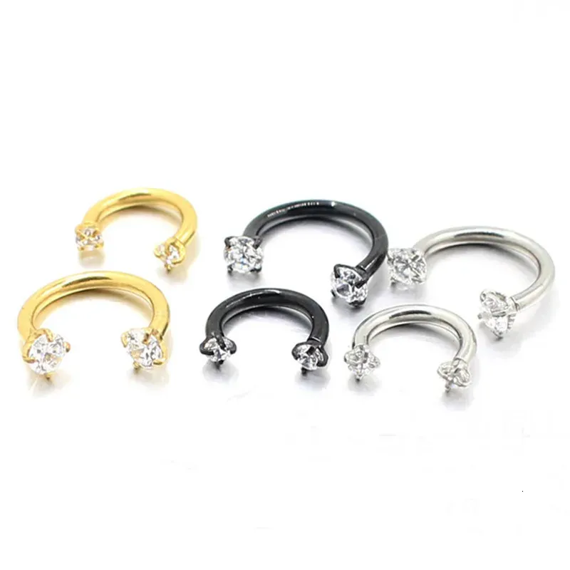 Stud Double tête Zircon U en forme de fer à cheval anneau piercing bijoux BCR universel sourcil ongle lèvre clair gemme 316L acier inoxydable 231020