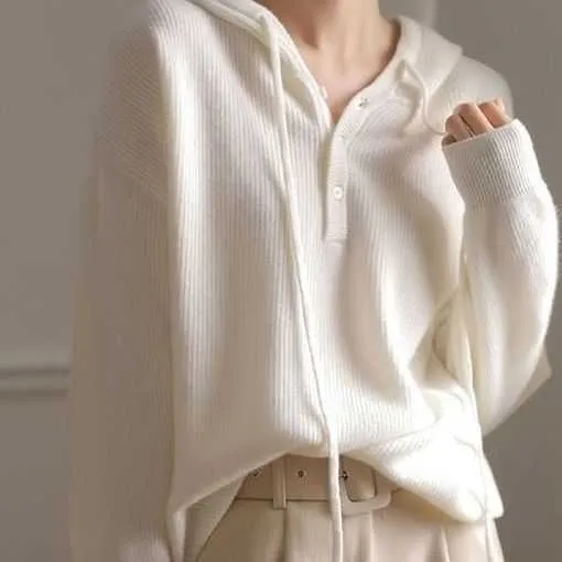 White Hooded Sweater for Women in Autumn New Lazy Little Fragrance Top Thin v Neck Wool Sweater