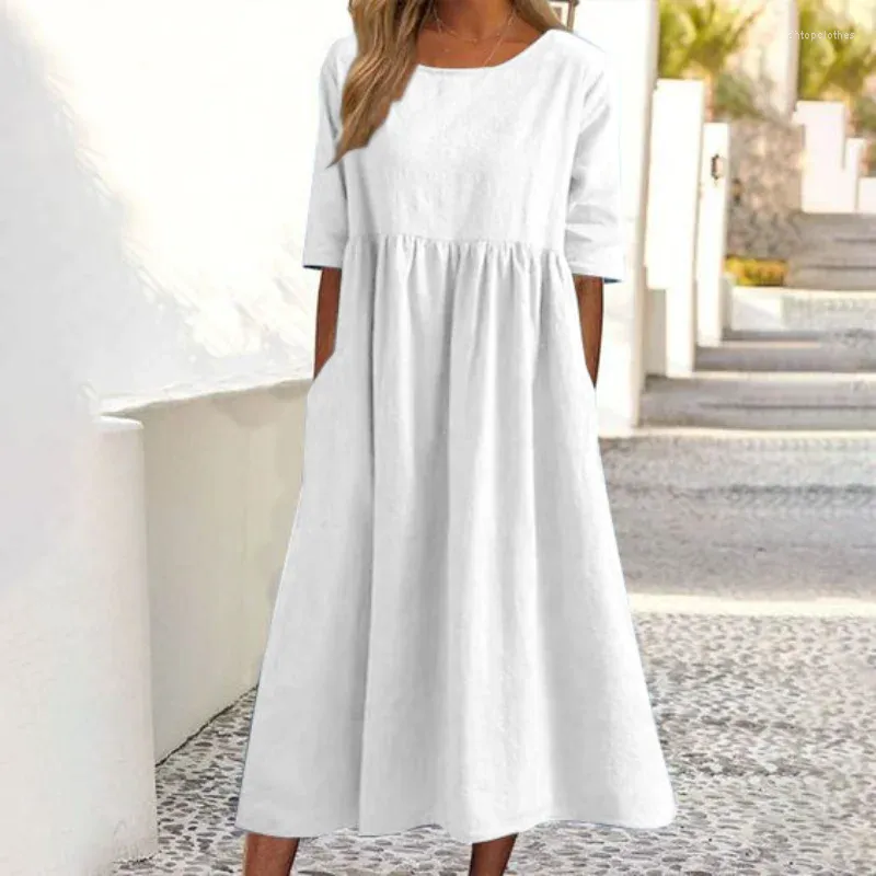 Casual Jurken 2023 Zomer Katoen Vrouwen Witte Jurk Oversize O-hals Korte Mouwen Vrouwelijke Elegante Mode Losse Dames Kleding