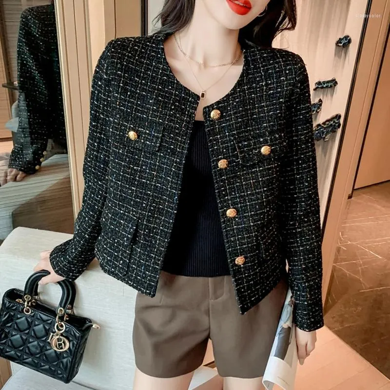 Jaquetas femininas design de pista moda xadrez tweed para mulher 2023 outono elegante temperamento vintage lã outerwear roupas