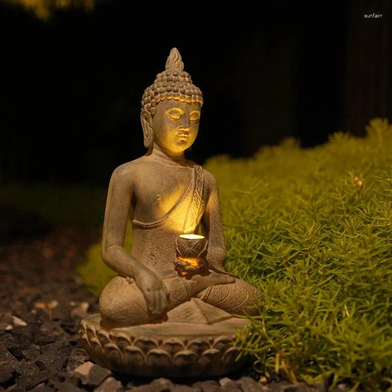 Garden Decorations Solar Lights Buddha Statues Resin Zen Bonsai Chinese Figurine Outdoor Decoration Patio Yard Lawn Indoor Home Ornament