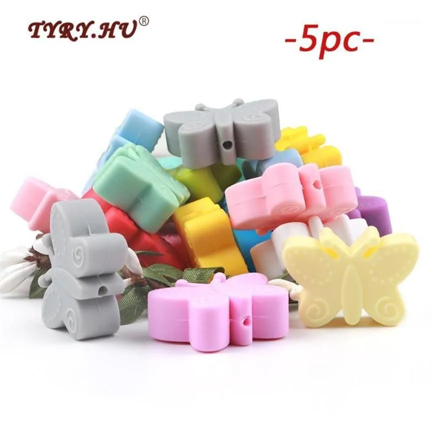 Tyry Hu 5pc Lot Mini Kelebek Silikon Gevşek Boncuklar Diş çıkarma Boncukları için Bebek Diy Kolye Takı Yapımı BPA 1269K