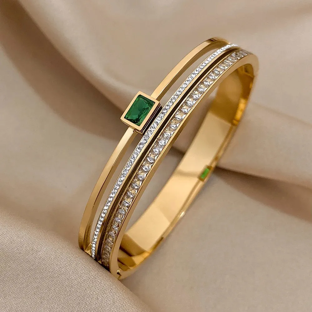 Роскошный браслет-манжета из нержавеющей стали для женщин и мужчин, золотой, серебряный цвет, браслеты для пар, зеленый, белый, широкий подарок 231019