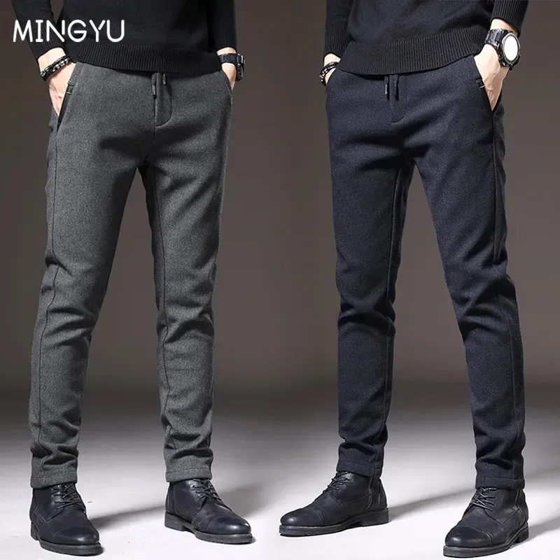 Herrbyxor Mingyu varumärke Autumn Winter Borsted tyg casual män tjockt företag Slim Cotton Black Grey Byxor Male Plus Size 38 231019