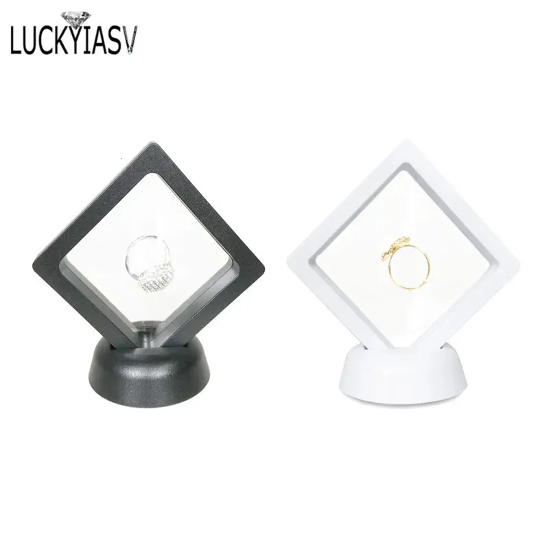 Jewelry Boxes Black White Plastic Suspended Floating Display Case Earring Coin Gems Ring Storage Pet Membrane Stand Holder Box 7 7 2cm 231019